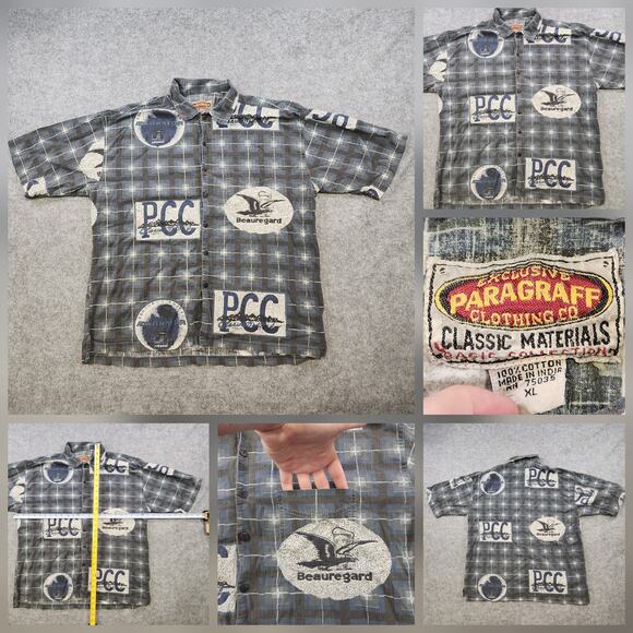 VTG Paragraff T Shirt Mens XL Plaid Beauregard PCC Graphic Pocket Button Down Up - Picture 1 of 11